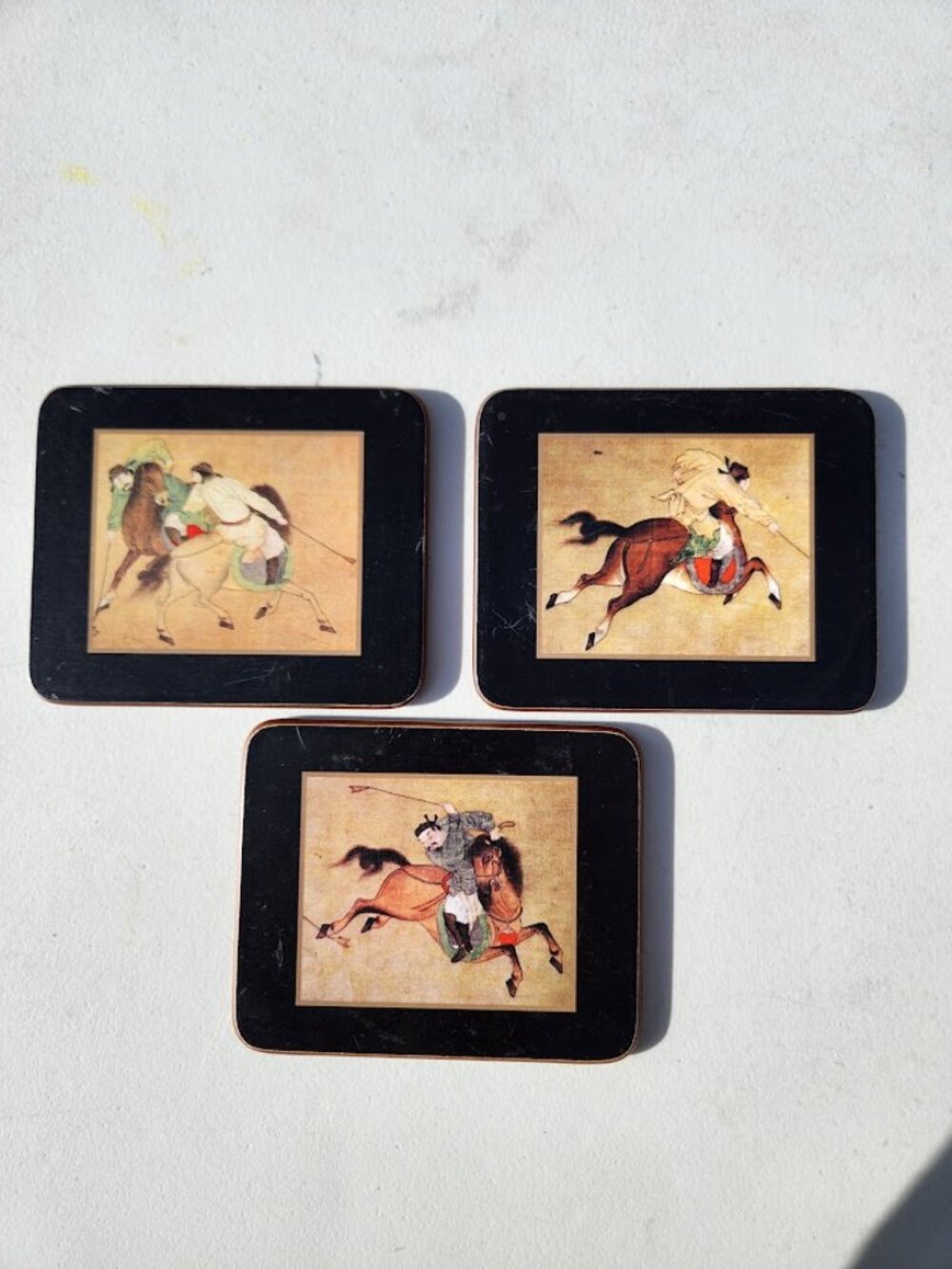 Set of 3 Vintage Lacquer Lady Clare Ming Polo Coasters Black Made in England S